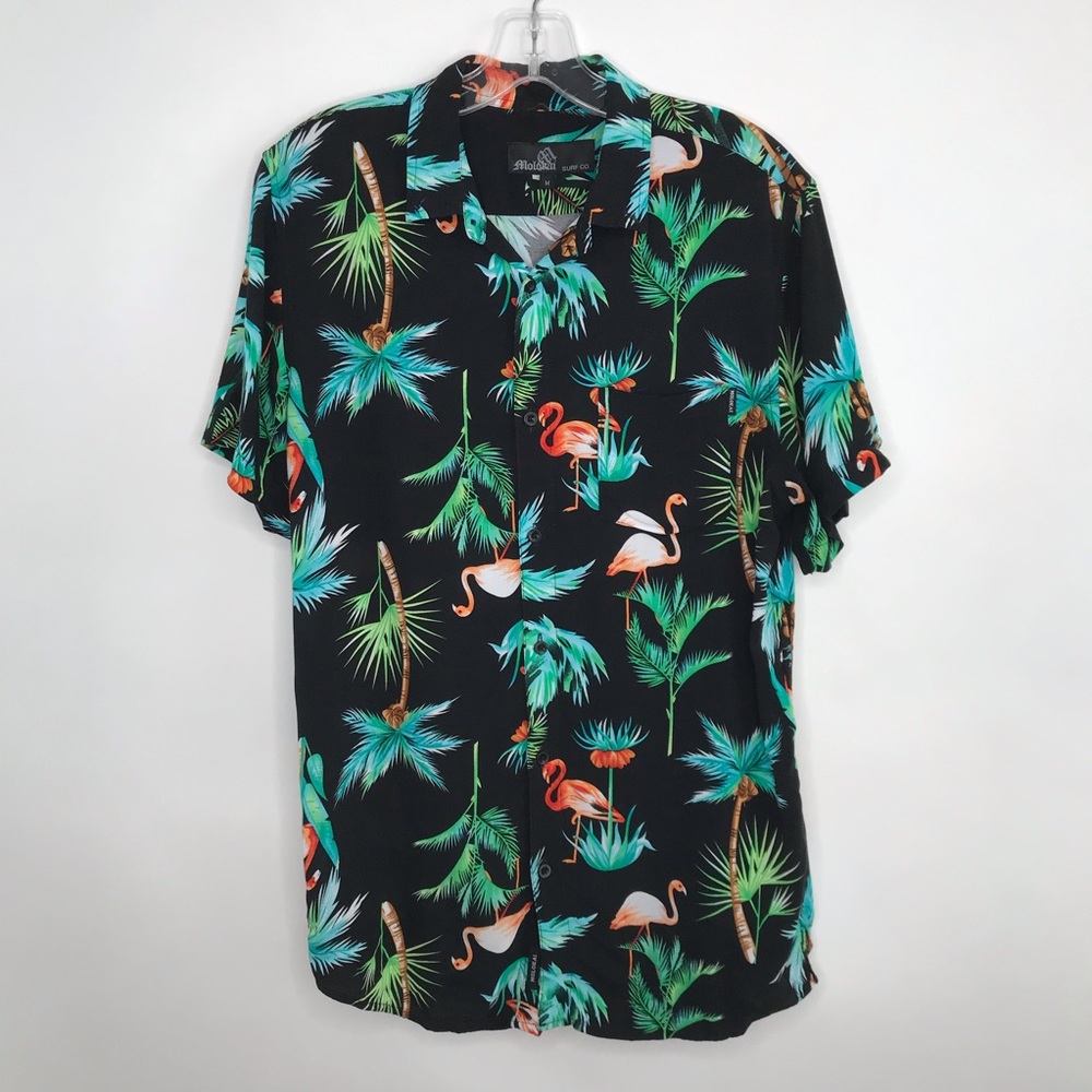 Molokai Surf Co. M Hawaiian Shirt Black Vibrant Palm Tree Flamingo Aloha Island